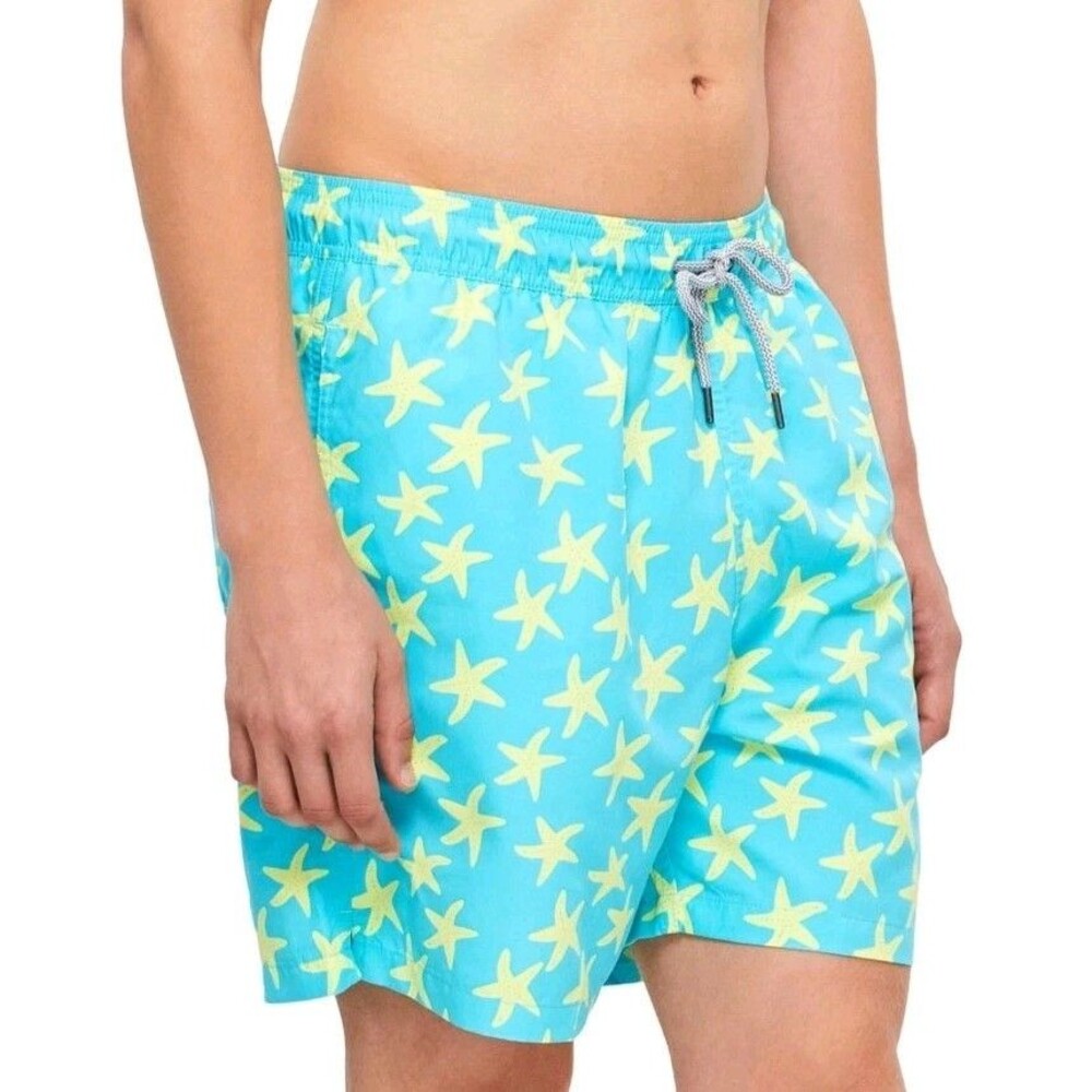 Tom & Teddy Men's LARGE Swim Trunks Blue With Yellow Starfish Lined, Pockets